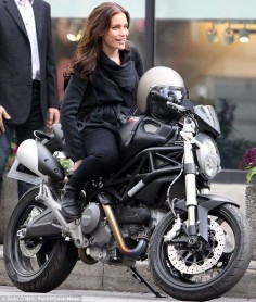 Piper Perabo turns biker girl as she hops on a Ducati on the set of Covert Affairs.