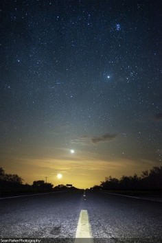 Road to Moon, Venus, Jupiter, Pleiades, and Orion | by Sean Parker Photography