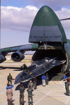 SR-71 emerges from a C-5 Galaxy heavy lift aircraft