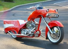 STRANGE 1957 CHEVY MOTORCYCLE - FROM FRONT HOOD TO HIGH FIN TAILLIGHTS! AMAZING!