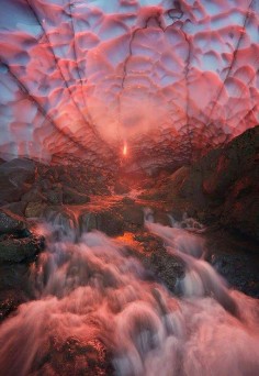 Sunset through an ice cave under a glacier in Russia #BeautifulNature #Sunsets #NaturePhotography #Nature #Photography #Travel #Russia #IceCaves #Ice@darleytravel