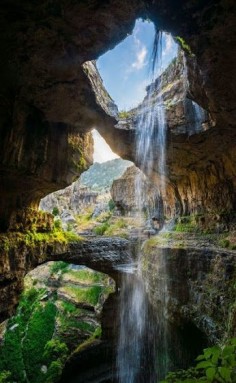 THE BAATARA GORGE SINKHOLE WATERFALL,TANNOURINE.~ The waterfall drops 255 metres (837 ft) into the Baatara Pothole, a cave of Jurassic limestone located on the Lebanon Mountain Trail.    Ihsan Iman - Google+