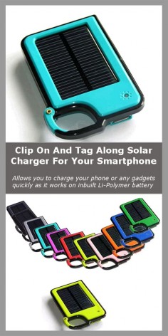 "The Clip on and Tag Along Solar Battery with USB port for your  It allows you to charge your phone or any gadgets quickly as it works on inbuilt Li-Polymer battery similar to the batteries found in mobile phones. It continually stores sunlight to the inbuilt battery when exposed to sunlight. It then keeps this stored power ready to charge your phone or gadgets. his cycle continues every time it is exposed to sunlight.