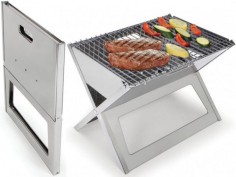 The Fold Flat Grill ($80) - less than 1" thick when folded, it unfolds to 17 3/4" L x 13" W x 13" H. Ideal for convenient charcoal or hardwood grilling at picnics, beaches, or homes. Made from durable 304 stainless steel, the grill provides a 17 1/2" x 13" W cooking area.