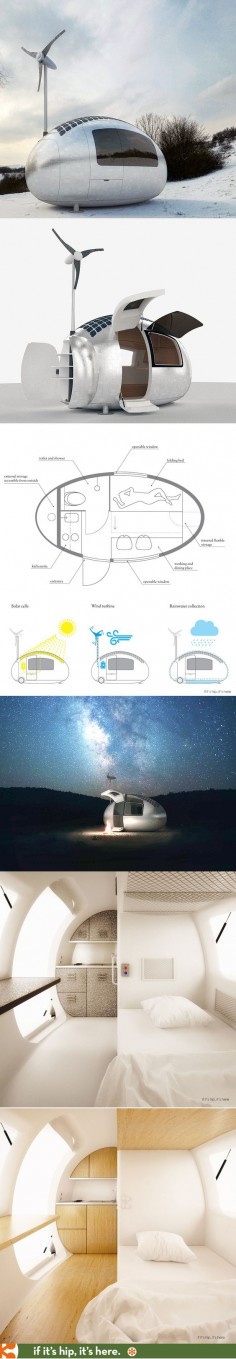 The solar and wind powered Ecocapsule with kitchenette, toilet, shower and warm bed.