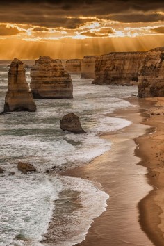The Twelve Apostles is a collection of limestone stacks off the shore of the Port Campbell National Park, by the Great Ocean Road in Victoria, Australia
