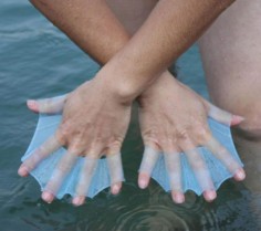 These webbed finger swimming fins slip over your fingers and essentially give you webbed fingers so you can swim a whole lot faster and easier. Perfect for scuba diving, snorkeling, surfing, 