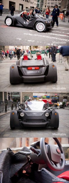 This car, known as the Strati, is a fully drivable, almost completely 3D printer-manufactured automobile.