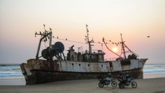 This is motorcycle overland adventure at it's best. Shipwreck Vanessa May, Angola.