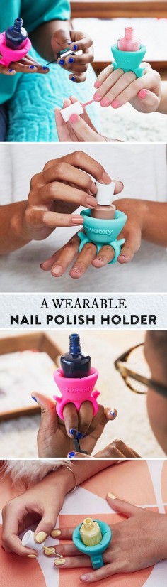 This little holder slides onto your finger to hold any bottle of polish. Paint your nails at home or on the go, no flat surface required.