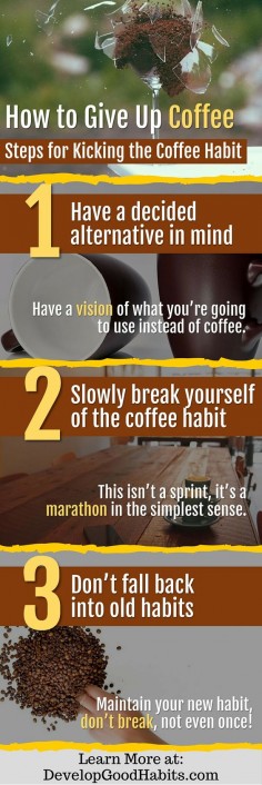 Three simple steps for giving up coffee. If you want to stop having the heavy caffeine of coffee these three simple steps will help you do it. Find out more details about each step by clicking through to the full article about kicking the coffee habit