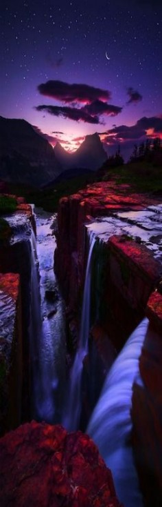 Twilight Triple Falls, Glacier National Park, Alaska, USA