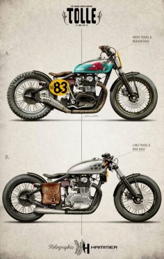 Two radical Yamaha XS650 custom motorcycle concepts from designer Holographic Hammer for the Stockholm-based workshop Tolle Engineering. Do you prefer A or B?