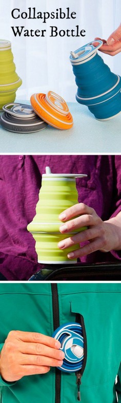 Unfold this water bottle & fill it up when you need a drink. Flatten it when you’re done.