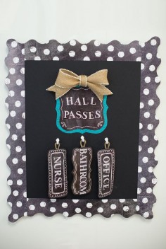 Use the Chalk It Up! Card Cut-Outs to make your own hall passes for the classroom, and don't forget to add some polka dots with the Dots on Chalkboard White  and maybe a little burlap ribbon :)