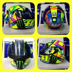 Valentino Rossi's 2016 MotoGP helmet, a colourful and geometric adaptation of the SoleLuna helmet. 