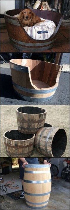 15 Amazing DIY Dog Bed Ideas including this Wine barrel dog bed