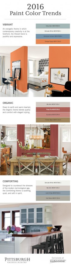 2016 Paint Color Trends! Bring a fresh new look into your home with the Pittsburgh Paints & Stains® 2016 Paint Color Trends. Color themes include Vibrant, Comforting, and Organic.