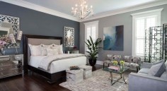25 Beautiful Bedrooms with Accent Walls_dk blue and grey tone wall_love plant and chandelier