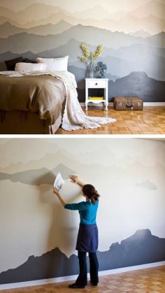 26 DIY Cool And No-Money Decorating Ideas for Your Wall - DIY mountain bedroom mural.