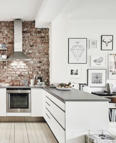 a collection of interior inspiration imagery | sleek white, brick wall, stainless vent hood
