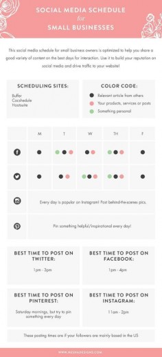 A simple social media schedule for small businesses. Social media content marketing strategy. How to use social media. How to optimise the main social media platforms. Pinterest tips. Instagram tips. Facebook tips. Twitter tips. Best times to post on social media. Digital marketing tips for blogging.