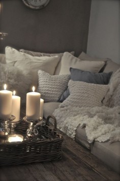 Adorrrrre this color palette- Warm up your home in the winter months with sweater-type pillows and blankets, cozy candles & soft fabrics - would love to be in this spot right now!
