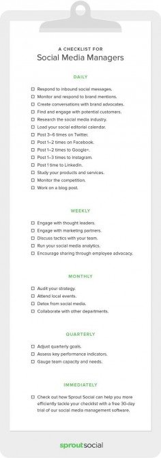 Although we know this social media checklist is not a one-size-fits-all list, it’s a good starting point for those who are trying to figure out how often they should perform all of their social marketing activities.