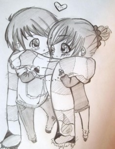 ✮ ANIME ART ✮ anime couple. . .boy and girl. . .chibi. . .scarf. . .in love. . .sweet. . .pencil. . .graphite. . .sketch. . .doodle. . .drawing. . .cute. . .kawaii