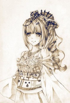 ✮ ANIME ART ✮ anime girl. . .kimono. . .obi. . .hair bow. . .ponytail. . .hair decoration. . .smile. . .pencil. . .graphite drawing. . .shading. . .amazing detail. . .cute. . .kawaii