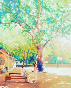 ✮ ANIME ART ✮ anime scenery. . .anime couple. . .boy and girl. . .tree. . .leaves. . .sunlight. . .nature. . .bench. . .park. . .watercolor. . .cute. . .kawaii
