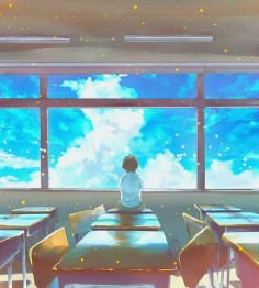 ✮ ANIME ART ✮ anime scenery. . .classroom. . .desks. . .window. . .sky. . .clouds. . .perspective. . .sparkling. . .cute. . .kawaii