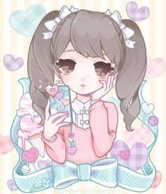 ✮ ANIME ART ✮ pastel. . .anime girl. . .big eyes. . .cellphone. . .cute phone charms. . .twin tails. . .hair ribbons. . .taking a selfie. . .ice cream. . .hearts. . .cute. . .kawaii