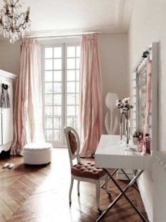 Apartment Therapy: Six Secrets of French Style // Pink and White // Tufted Chair // Pooling Curtains // Herringbone Wood Floors