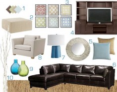 Ashley’s Design Dilemma | Young House Love-this color scheme includes rich chocolates, warm wheaty tan tones and pops of blue and green in the art and accessories, for the neutral tone on the walls, a soft, sandy tone which will make the white trim pop Benjamin Moore Ashen Tan (the kitchen next to it was yellow)