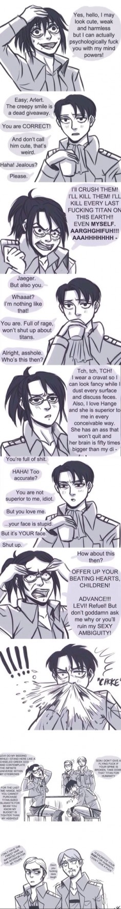 Attack on Titan: Hange doing impressions of Armin, Eren, Levi and Erwin. This board = hilarious