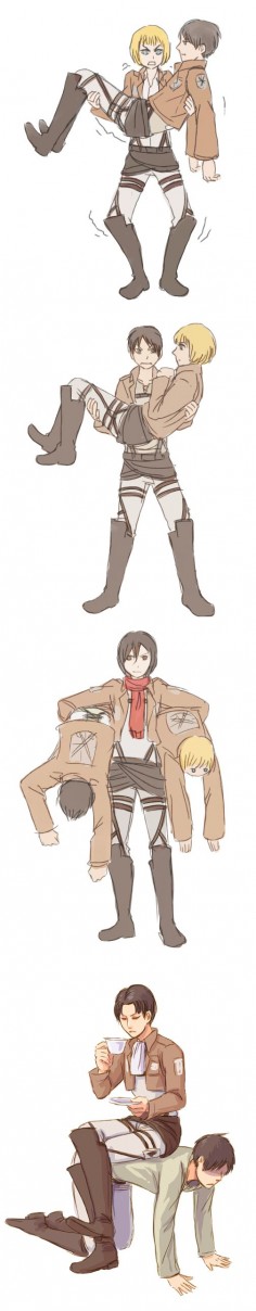 Attack on Titan ~ Strength training by oranges-lemons. Armin's like, 'I got you Eren' and Eren's like 'No you don't. Your going to drop me. Let me carry you.'. Then Mikasa comes in and is like 'You two are light, let's go.' And finally, Levi isn't having any of that carrying crap, he's just going to torture Eren.