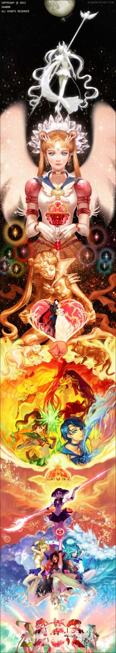 Awesome Sailor Moon art featuring Sailor Moon, the Inners, Outers, Asteroids, Mini Moon and Sailor Cosmos!