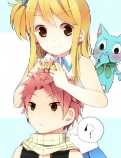 Awww so cute! Lucy putting a bow in natsu's hair while he isnt looking