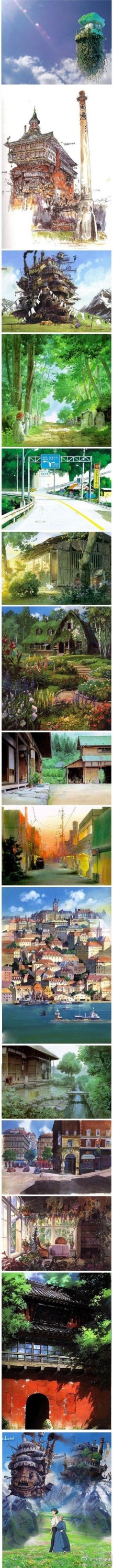 Background layout art in Hayao Miyazaki films.