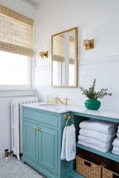 bathroom | Amie Corley Interiors | interesting turquoise vanity. Love the freshness of this bathroom and the gold and brass