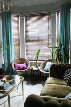 bay window curtains in turquoise
