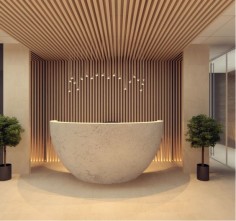 Beautiful round concrete reception desk, also love the timber cladding runs from wall to ceiling!!