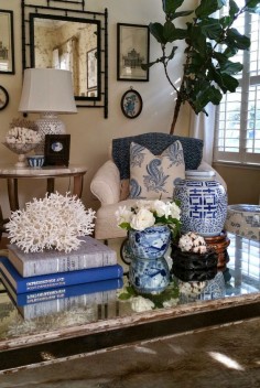 Blue and white coffee table display