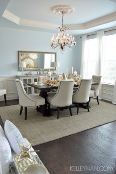 Blue dining room | tray ceiling | fall table | fall tablescape | metallic tablescape | restoration hardware trestle table | world market linen lydia chairs | neutral sideboard | gray dining sideboard | white ikea ritva panels