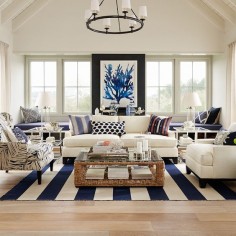blue + white coastal living room