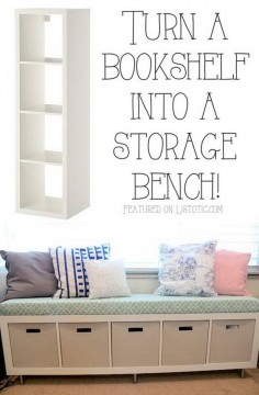 Bookshelf Storage Bench: Turning a simple IKEA bookshelf on its side to create a storage bench seat.