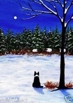 BORDER COLLIE Dog SHEEP SNOW Outsider Folk Art PRINT Todd Young FOREST EDGE