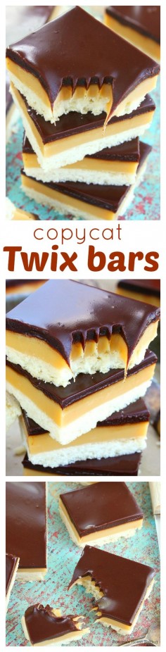 Buttery cookie base, a layer of decadent smooth caramel and a rich chocolate ganache - this homemade version of the well known Twix® bars comes together in less than 1 hour and makes enough to feed a crowd!