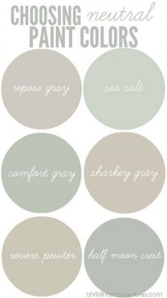 Choosing neutral paint color for your interiors. Neutral Paint Color Best Sellers. Sherwin Williams Repose Gray. Sherwin Williams Sea Salt. Sherwin Williams Comfort Gray. Martha Stewart Sharkey Gray. Benjamin Moore Revere Pewter. Benjamin Moore Half Moon Crescent. Via Christinas Adventures
